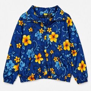 Vtg 80s Puffer Jacket Printed Floral Windbreaker EVR Blue Bomber Style L Rainbow